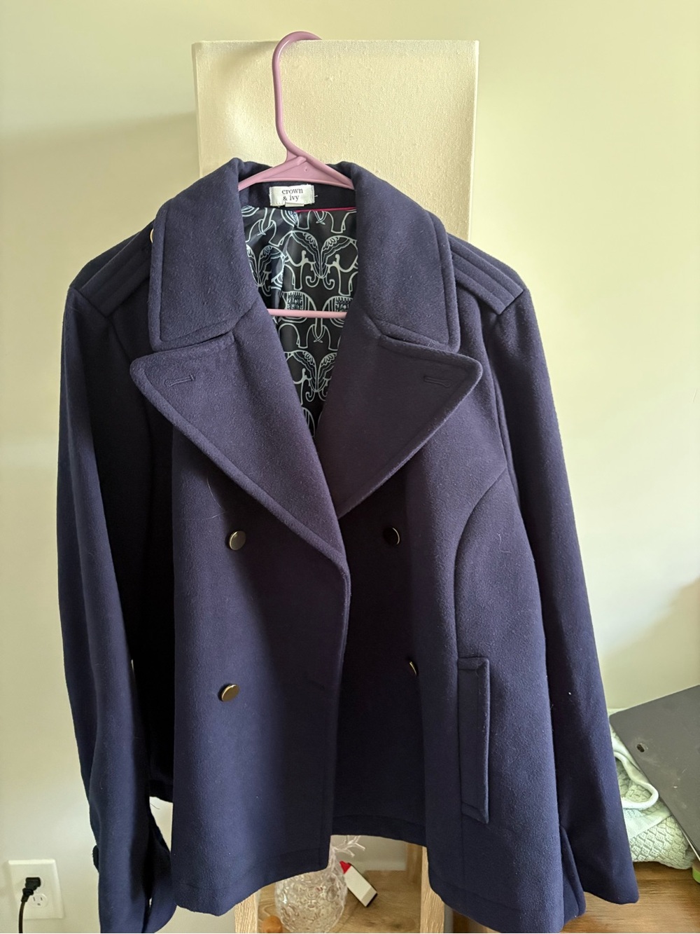 crown & ivy Navy Double-Breasted Pea Coat with Gold Buttons